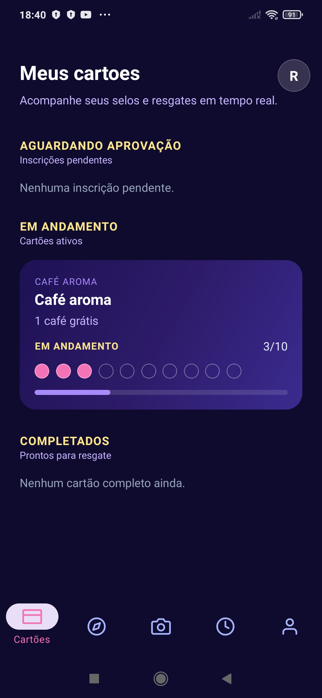 Tela de cartões de fidelidade do FidelizerX